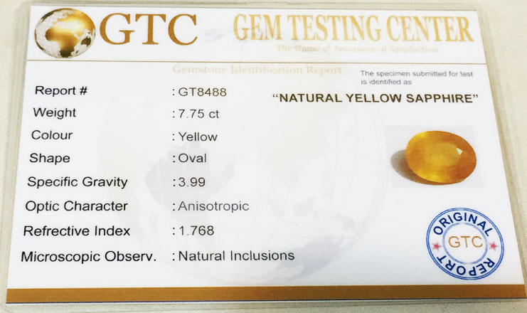 7.75 ct/8.60 ratti Natural Certified Bangkok Pukhraj/Yellow Sapphire